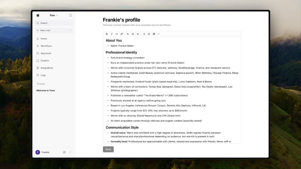 Town profile editor: personal context shared with your assistant and routines