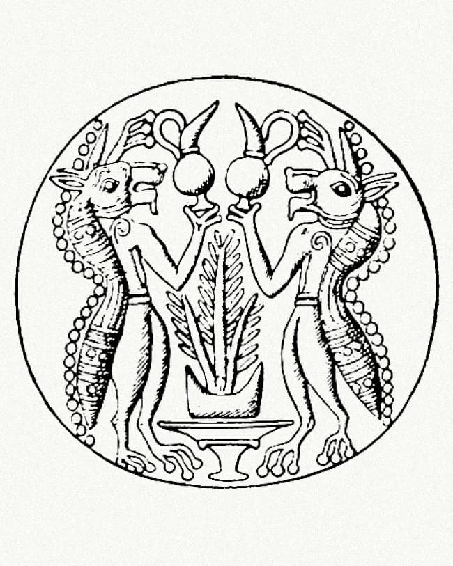 Ancient illustration of two daimon figures flanking a plant