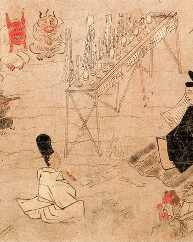 Antique Japanese scroll painting depicting a shikigami spirit