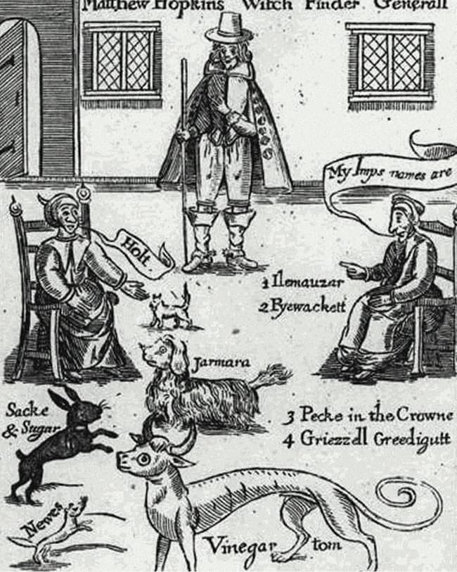 Woodcut of a witch finder surrounded by animal familiars