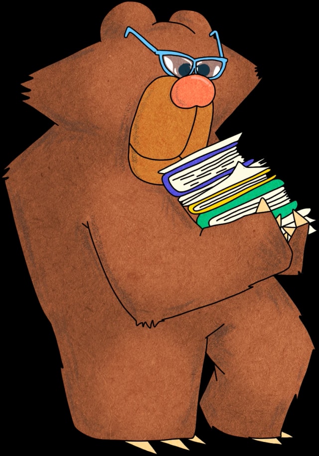 Bo the bear Townie wearing blue glasses and holding a stack of books