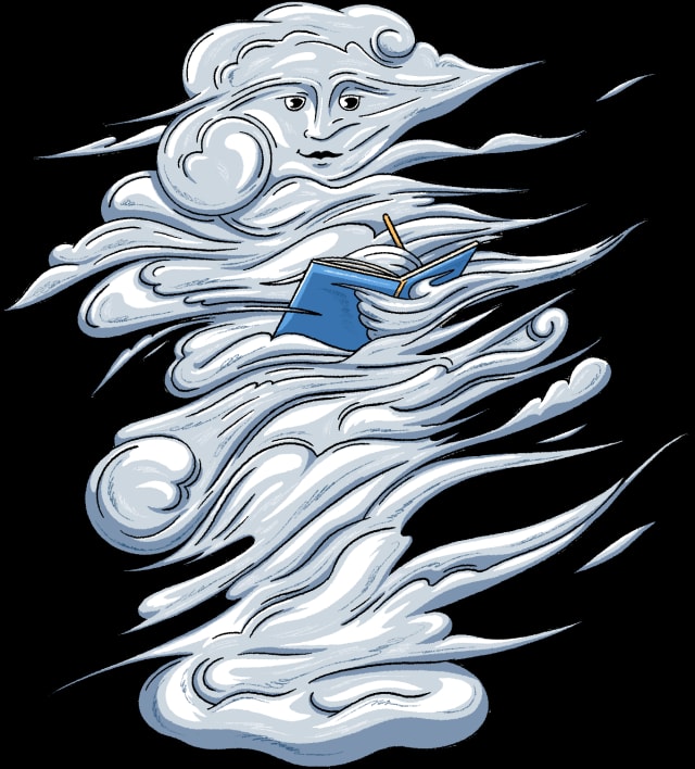 Wisp the Townie writing in a blue notebook